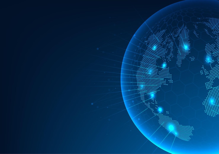 Vector abstract background of world technology with light beams shows the connection of hightech digital
