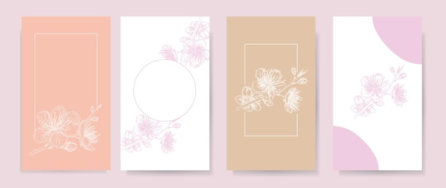 abstract backgrounds with hand drawn spring floral elements of minimal line art in pastel colors vector design templates for card wedding invitation poster flyer social media post banner cover