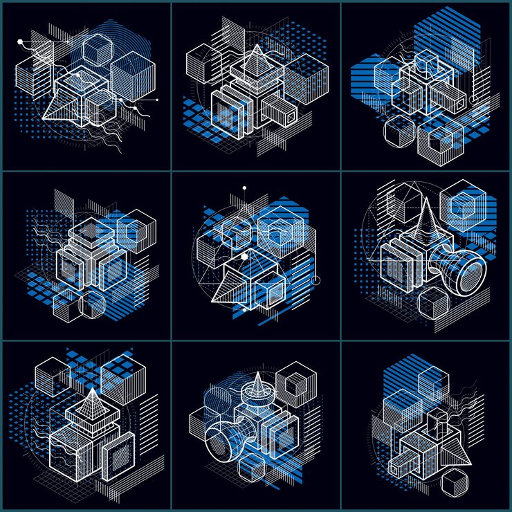 Vector 아이소메트릭 요소가 있는 추상 배경, 선과 모양이 있는 벡터 선형 아트. 큐브, 육각형, 정사각형, 직사각형 및 다양한 추상 요소. 벡터 집합입니다.