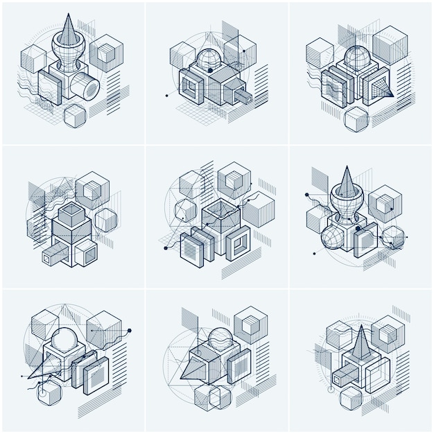abstract backgrounds with isometric elements, vector linear art with lines and shapes. cubes, hexagons, squares, rectangles and different abstract elements. vector set.
