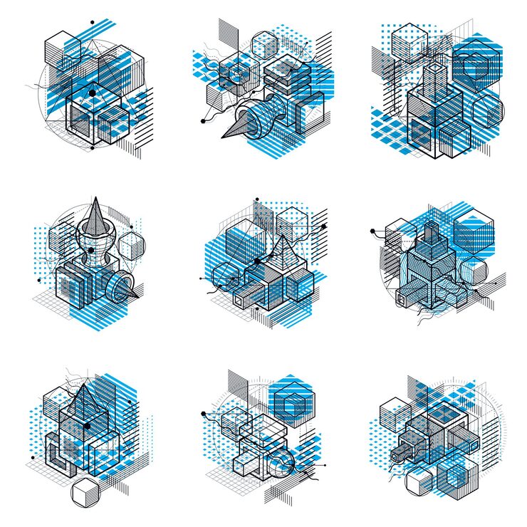 Vector abstract backgrounds with isometric elements, vector linear art with lines and shapes. cubes, hexagons, squares, rectangles and different abstract elements. vector set.