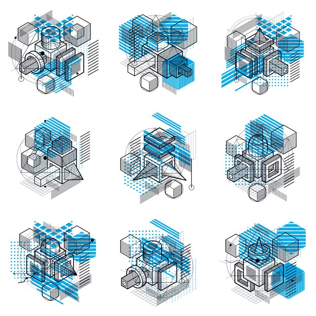 Sfondi astratti con elementi isometrici, arte lineare vettoriale con linee e forme. cubi, esagoni, quadrati, rettangoli e diversi elementi astratti. insieme di vettore.