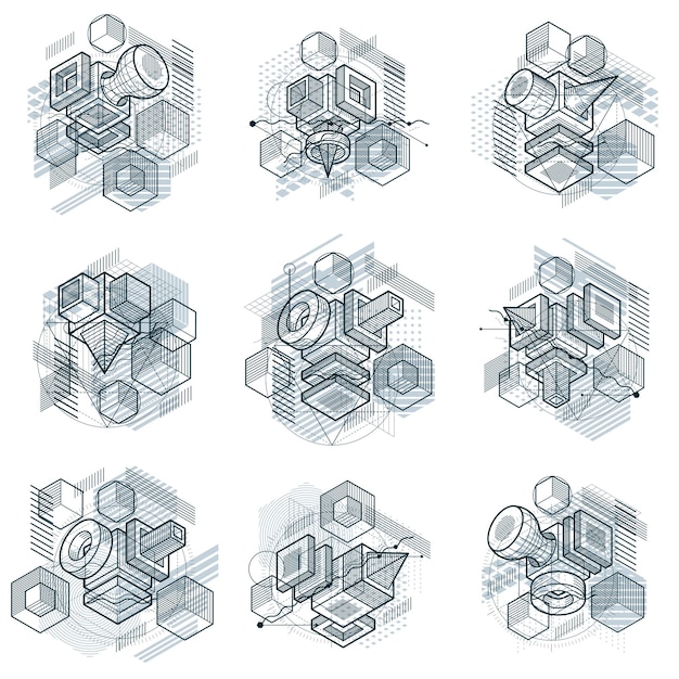 abstract backgrounds with isometric elements, vector linear art with lines and shapes. cubes, hexagons, squares, rectangles and different abstract elements. vector set.