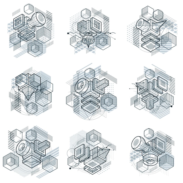 Abstract backgrounds with isometric elements, vector linear art with lines and shapes. Cubes, hexagons, squares, rectangles and different abstract elements. Vector set.