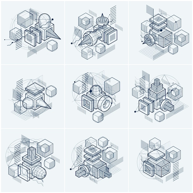 Abstract backgrounds with isometric elements, vector linear art with lines and shapes. Cubes, hexagons, squares, rectangles and different abstract elements. Vector set.