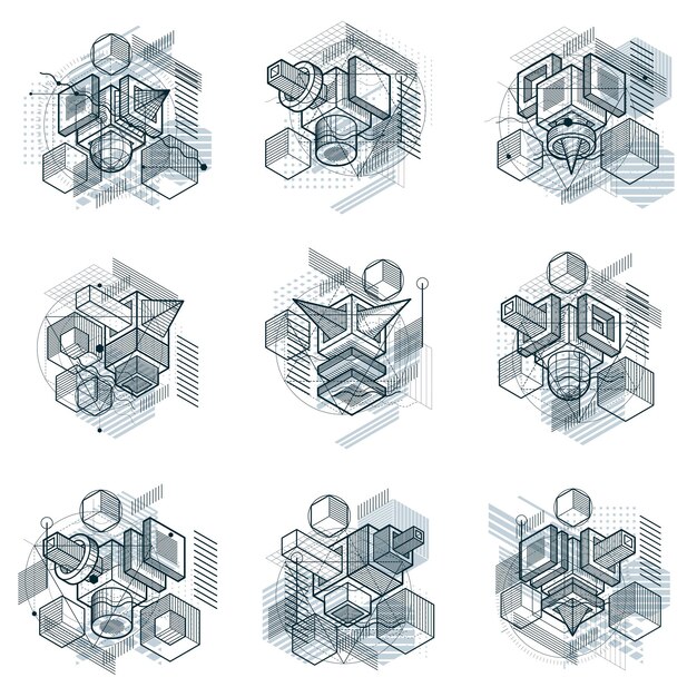 abstract backgrounds with isometric elements, vector linear art with lines and shapes. cubes, hexagons, squares, rectangles and different abstract elements. vector set.