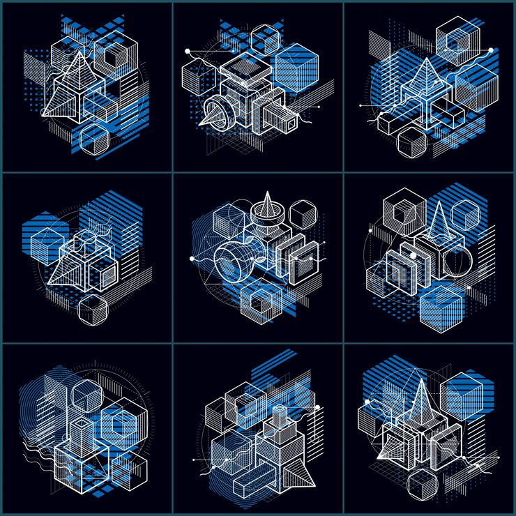 Vector 아이소메트릭 요소가 있는 추상 배경, 선과 모양이 있는 벡터 선형 아트. 큐브, 육각형, 정사각형, 직사각형 및 다양한 추상 요소. 벡터 집합입니다.