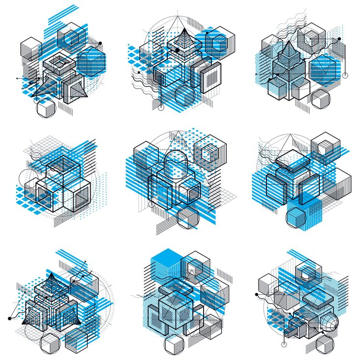 Vector abstract backgrounds with isometric elements, vector linear art with lines and shapes. cubes, hexagons, squares, rectangles and different abstract elements. vector set.