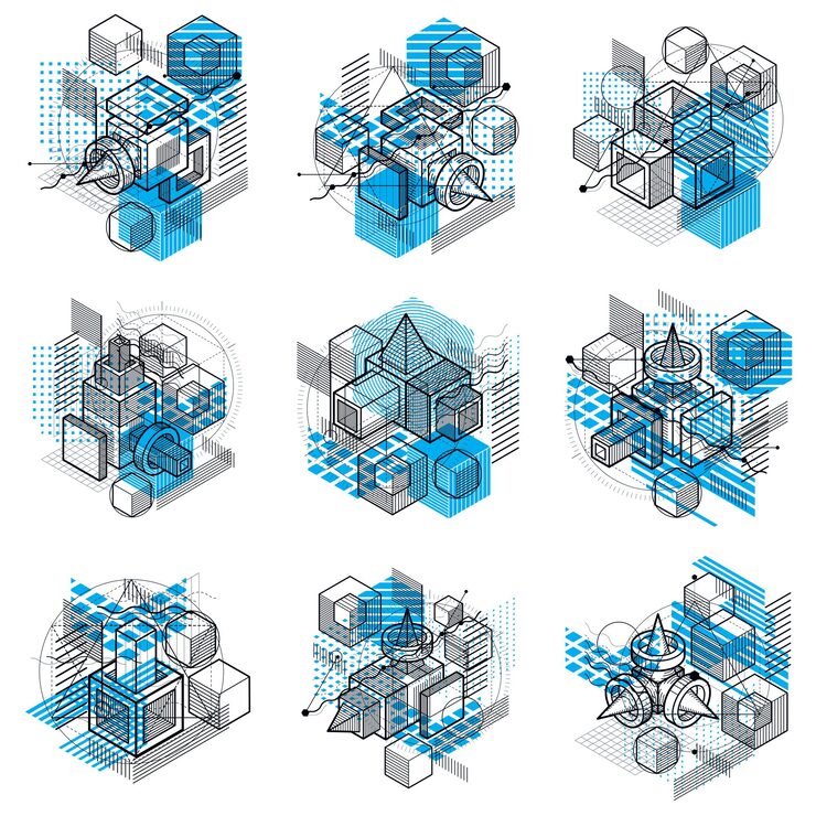 Vector 아이소메트릭 요소가 있는 추상 배경, 선과 모양이 있는 벡터 선형 아트. 큐브, 육각형, 정사각형, 직사각형 및 다양한 추상 요소. 벡터 집합입니다.