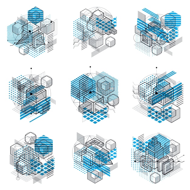 Abstract backgrounds with isometric lines, vector illustrations. templates made with cubes, hexagons, squares, rectangles and different abstract elements. vector set.