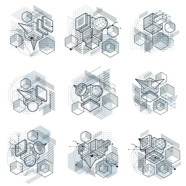 Abstract backgrounds with isometric lines, vector illustrations. Templates made with cubes, hexagons, squares, rectangles and different abstract elements. Vector set.