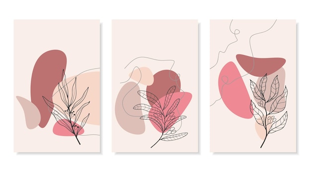 Abstract backgrounds with minimal shapes and line art flower and leaf