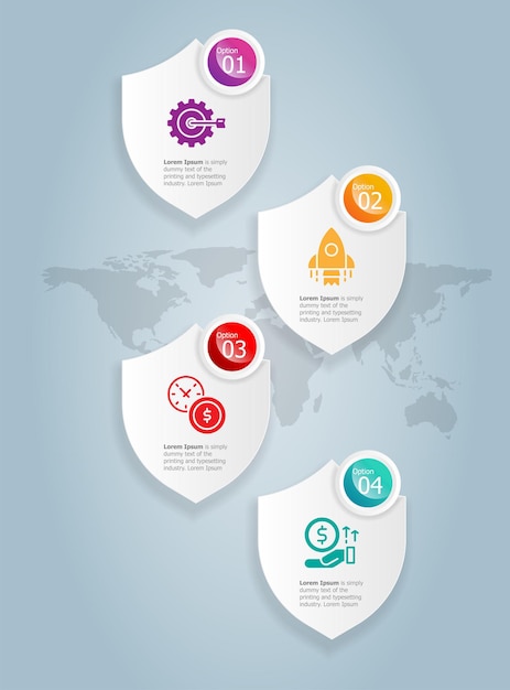 ビジネスアイコン4オプションベクトルイラスト背景と抽象的なバッジ垂直インフォグラフィックプレゼンテーション要素テンプレート