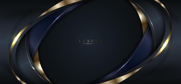 Abstract banner elegant 3D black and gold curve shape with shiny golden ribbon lines