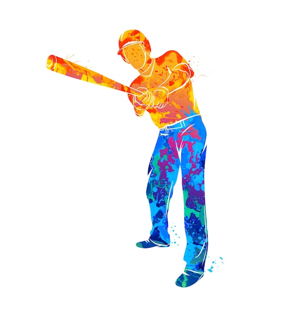 Abstract baseball player hitting the ball out of the splash watercolor