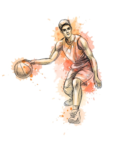 Abstract basketball player with ball from a splash of watercolor, hand drawn sketch.  illustration of paints