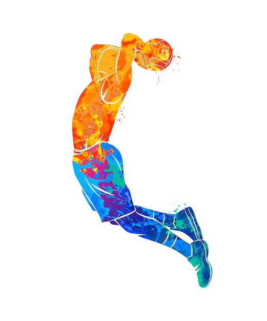 Abstract basketball player with ball from splash of watercolors