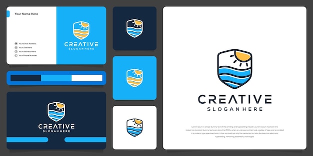 Abstract beach and house with line art logo template and business card