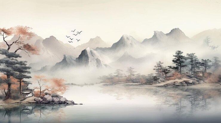 Vector abstract beautiful traditional chinese or japanese temple house hill with river cloudy and mountain scenery landscape watercolor painting wallpaper oriental background clouds mountain river
