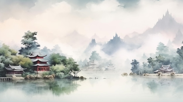 Abstract beautiful traditional chinese or japanese temple house hill with river cloudy and mountain scenery landscape watercolor painting wallpaper oriental background clouds mountain river