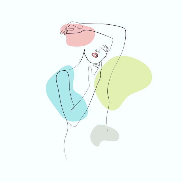 Vector abstract beautiful woman hand to chin female body line art soft color drawing