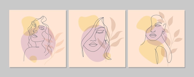 Abstract beauty line drawing woman face portrait wall art poster set