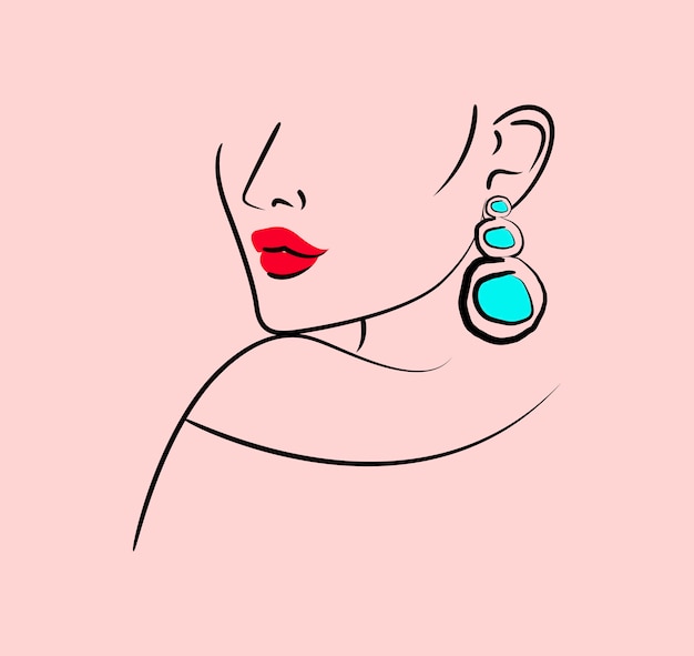 Abstract Beauty Red Lips Woman with Earrings Line Drawing