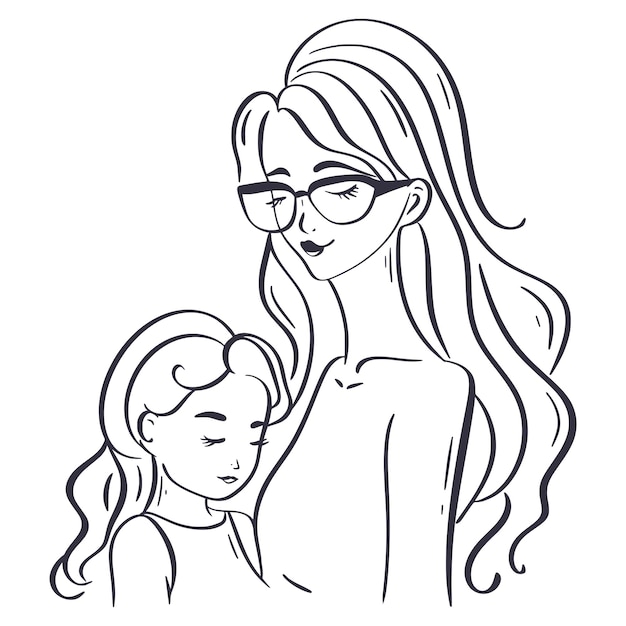 Vector abstract beeld moeder en dochter hand getekend illustratie portret van vrouw en meisje doodle schets