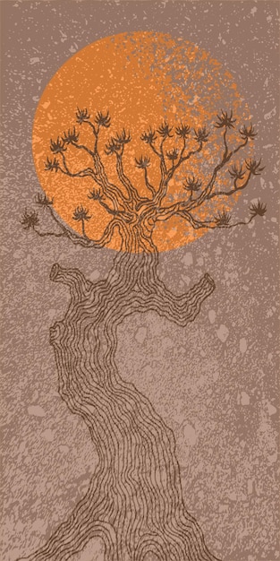 Abstract beigebrown background with a texture of scuffs with the outlines of a tree and an orange planet