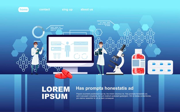 抽象的な大きなモニターの丸薬と顕微鏡と白いコートの小さな人々は、データのウェブサイトのデザインと暗い背景の上の漫画のキャラクターデザインフラットベクトルイラスト。