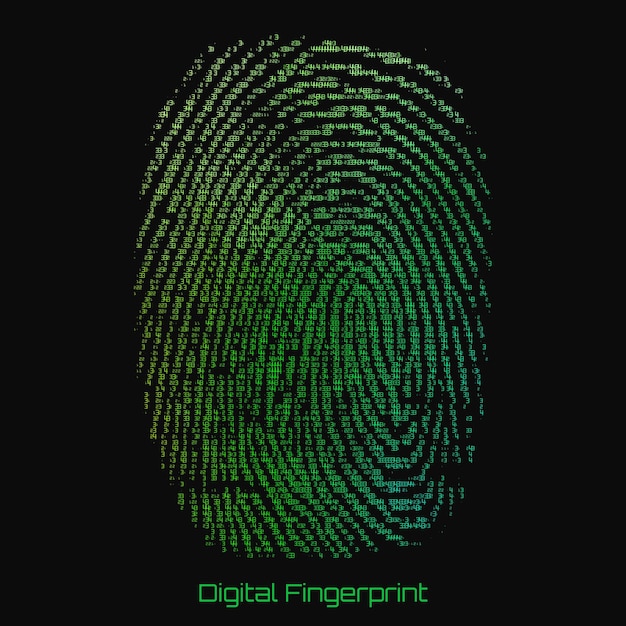 Vettore rappresentazione binaria astratta dell'impronta digitale. modello verde di identificazione personale cyber composto da numeri. verifica dell'identità biometrica. immagine futuristica di scansione del sensore. dattilogramma digitale.