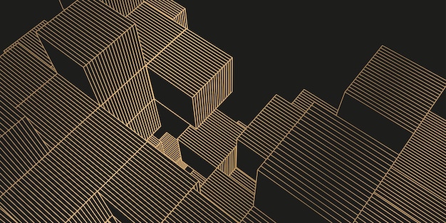キューブと線から抽象的な黒い背景 線形幾何学図 ベクトルイラスト