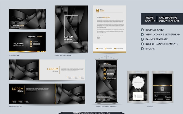 Абстрактный набор канцелярских принадлежностей black chrome и визуальная идентичность бренда с абстрактным перекрывающимся фоном слоев векторная иллюстрация макет для брендинга обложки продукта баннер события веб-сайт
