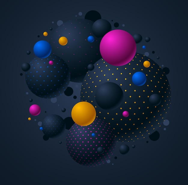 Abstract black and color dotted spheres vector background, composition of flying balls decorated with dots, 3d mixed globes