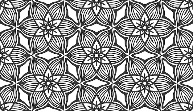 Abstract black geometric floral seamless pattern Trendy ornate shape fabric print texture Fashion retro style flower carpet ornament tile vintage decorative hexagonal monochrome wallpaper backdrop