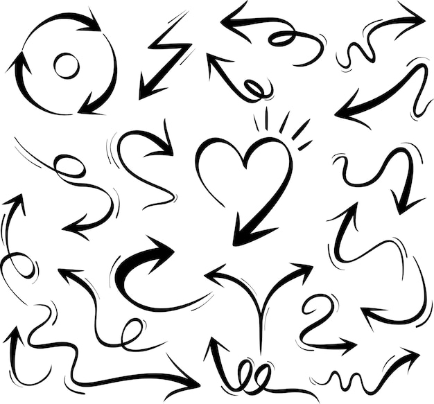Abstract black hand drawn arrows set on white background