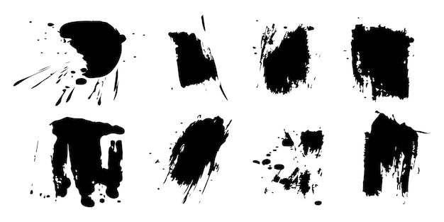 Abstract black ink splashes and grungy brush strokes vector set on a white background