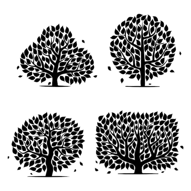 Abstract black leaves tree silhouettes set