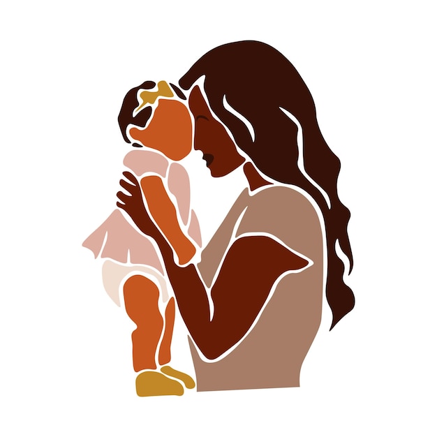 Abstract black mother and daughter in elegant line art style vector