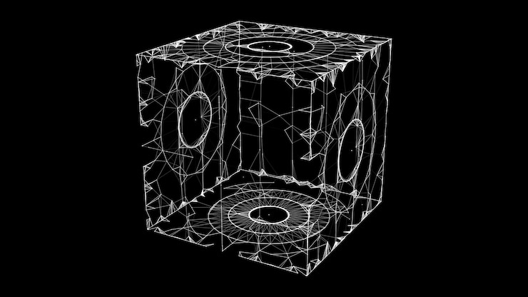 Vector abstract black scifi cube with particle and line vector technology network connection on world global digital connections ai wireframe cube blockchain encryption