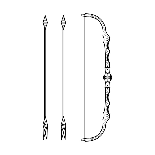 Абстрактная черная простая линия лук со стрелами оружие каракули наброски элемент векторного дизайна стиль эскиз
