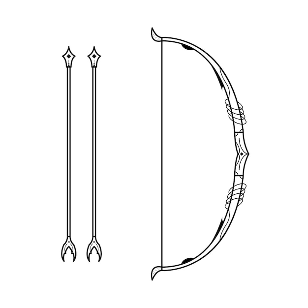 Abstract black simple line bow with arrows weapon doodle outline element vector design style sketch