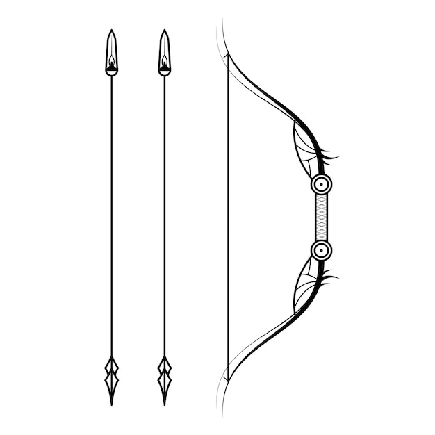 Vector abstract black simple line bow with arrows weapon doodle outline element vector design style sketch