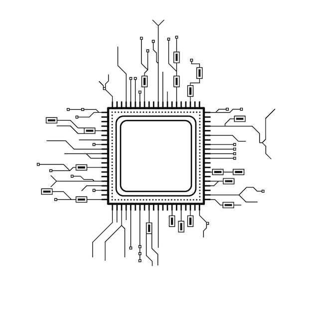 抽象的な黒のシンプルなライン Cpu、コンピューター、技術落書きアウトライン要素ベクトル デザイン スタイル