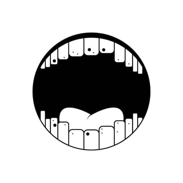 Vector abstract black simple line people human smile open mouth with teeth and tongue doodle outline