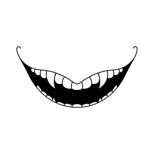 Vettore astratto nero semplice linea persone sorriso umano bocca aperta con denti e lingua doodle contorno