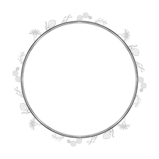 Vettore abstract black simple line circolo rotondo con foglie frame fiori doodle contorno elemento vettore