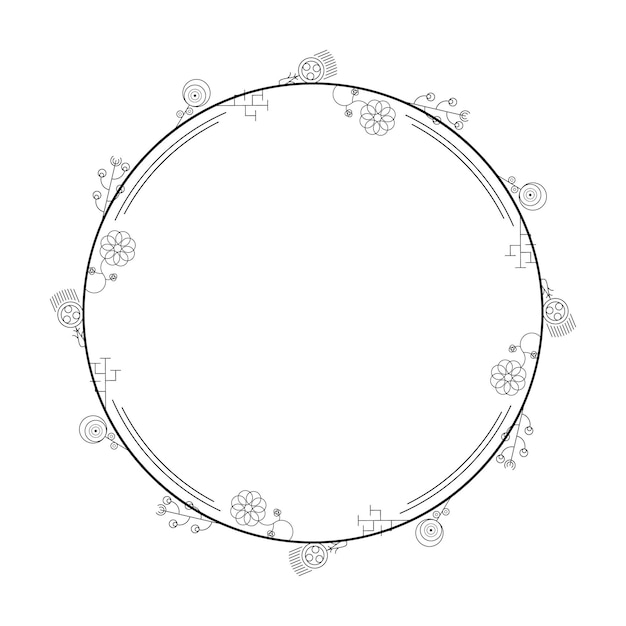 Abstract Black Simple Line Round Circle With Leaf Leaves Frame Flowers Doodle Outline Element Vector