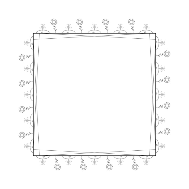 Абстрактная черная простая линия квадрата с листьями листьев рамки цветы каракули наброски элемент вектора