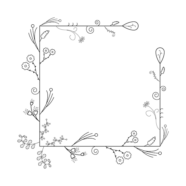 Astratto nero semplice linea quadrata con foglie di foglia cornice fiori doodle contorno elemento vettore